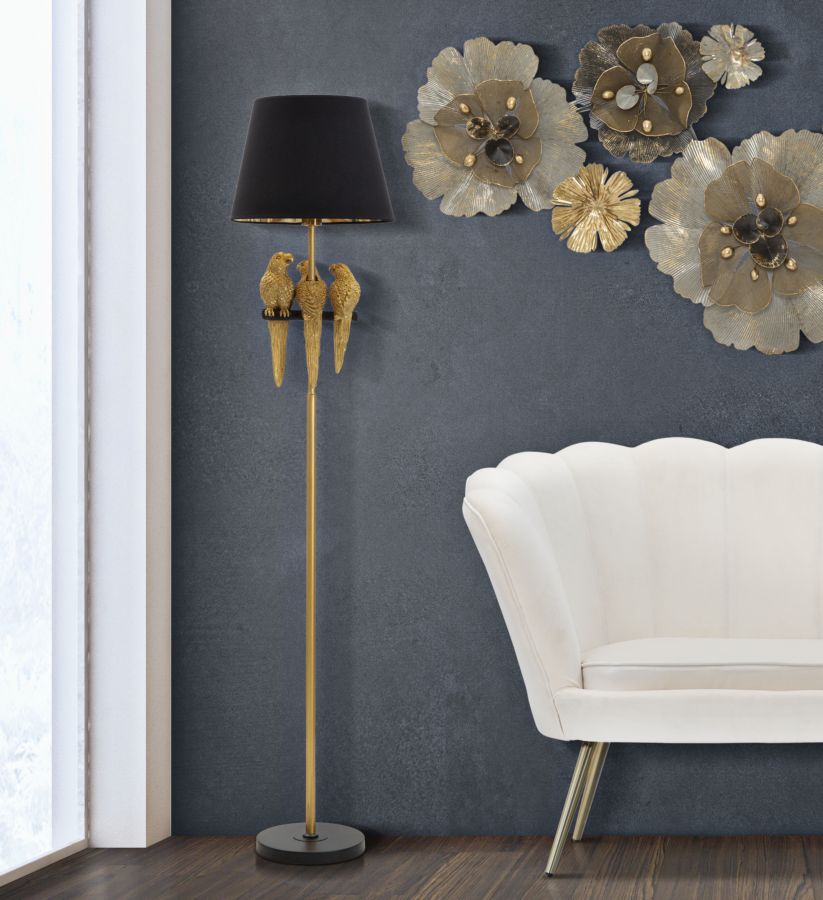 Stehlampe aus Metall mit Papageien in Gold und Schwarz