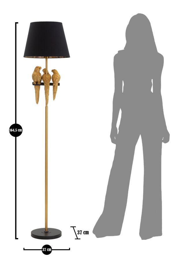 Stehlampe aus Metall mit Papageien in Gold und Schwarz