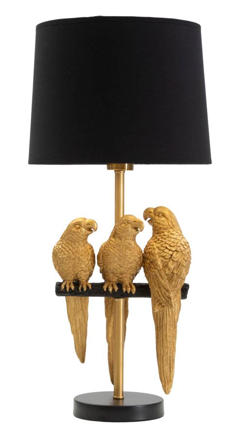 Gold-schwarze Metall-Tischlampe mit Papageien