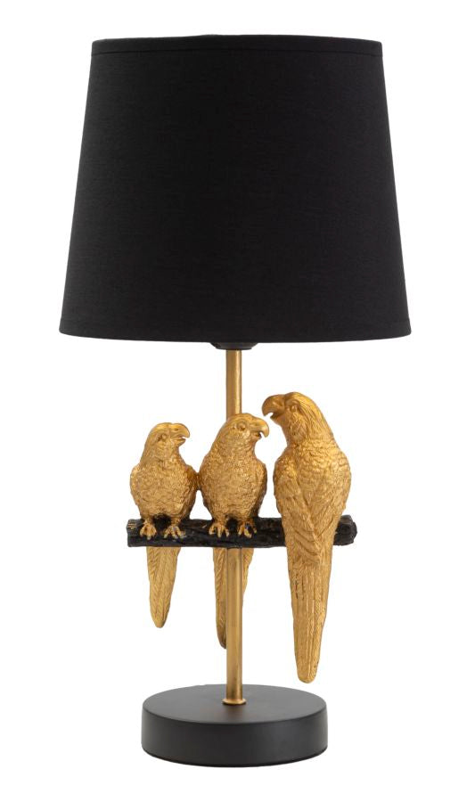 Schwarze Tischlampe mit goldenen Papageien