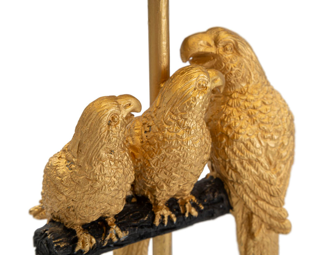 Schwarze Tischlampe mit goldenen Papageien
