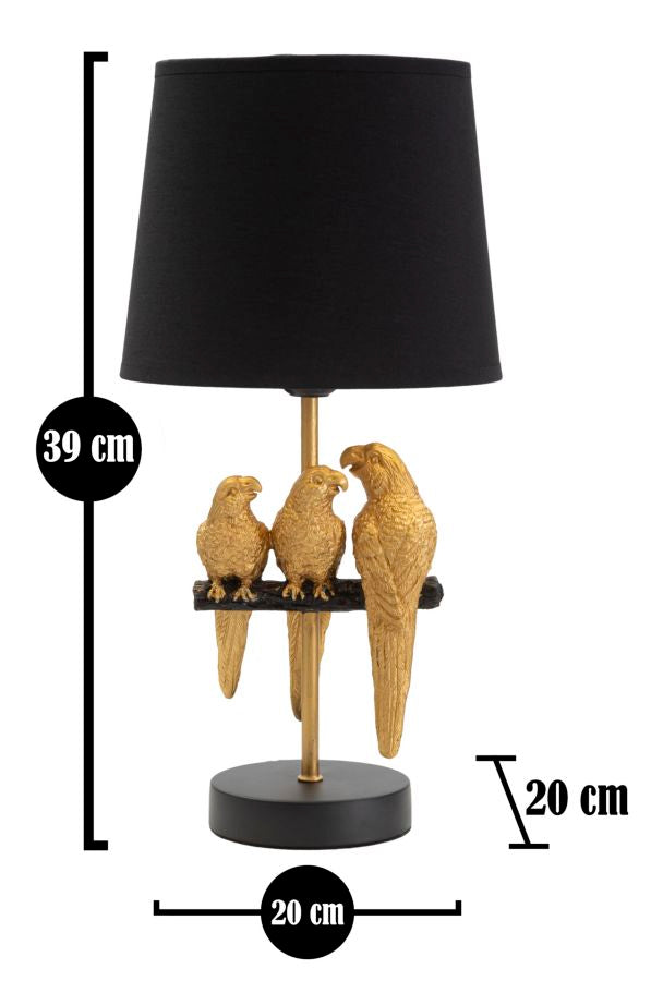 Schwarze Tischlampe mit goldenen Papageien