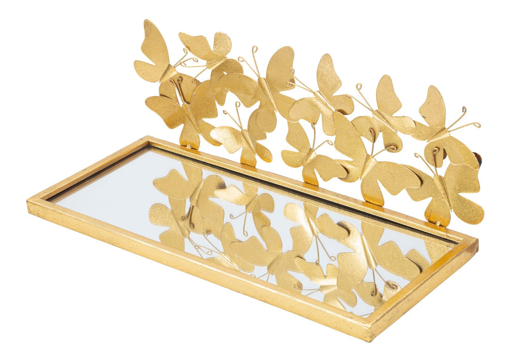 Goldenes Wandregal aus Metall und Glas mit Schmetterlingen