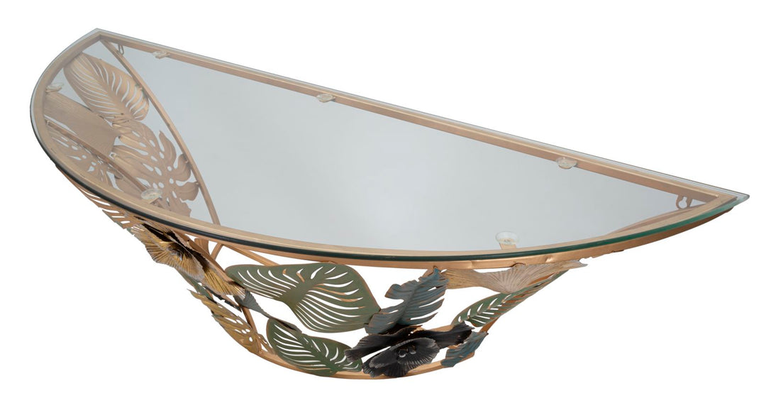 Wandregal aus Metall und Glas mit buntem Blättermuster