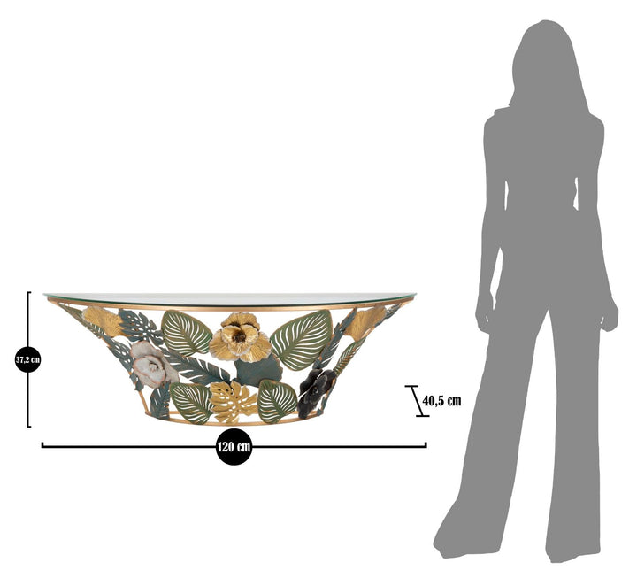 Wandregal aus Metall und Glas mit buntem Blättermuster
