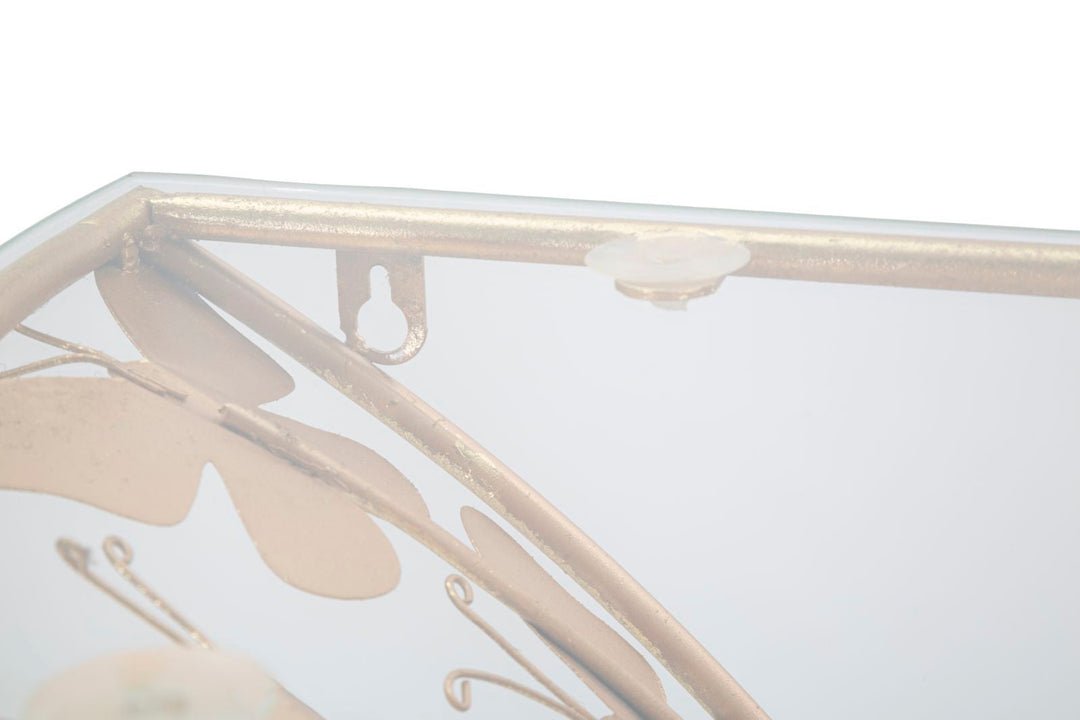 Goldenes Wandregal aus Metall und Glas mit Schmetterlingen
