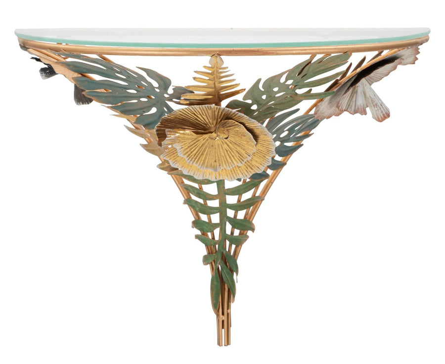 Goldenes Wandregal aus Metall und Glas mit Blumen- und Blattmustern
