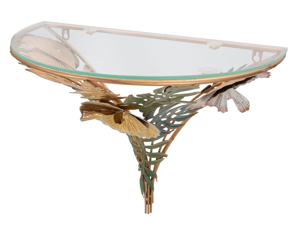 Goldenes Wandregal aus Metall und Glas mit Blumen- und Blattmustern