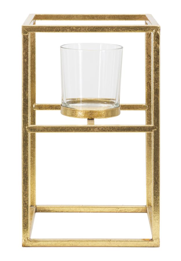 Kerzenhalter aus Metall und Glas in Quadratform, Gold