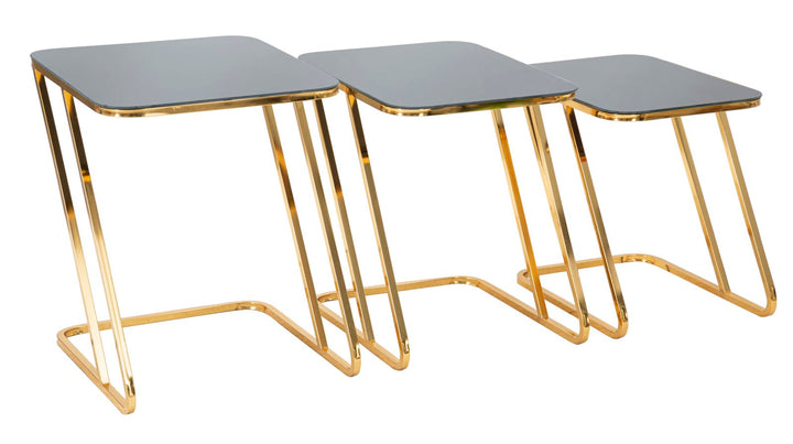 Rechteckiger kleiner Tisch aus Metall und Glas in Gold, 3 Stück