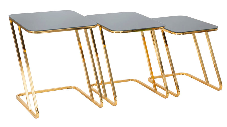 Rechteckiger kleiner Tisch aus Metall und Glas in Gold, 3 Stück