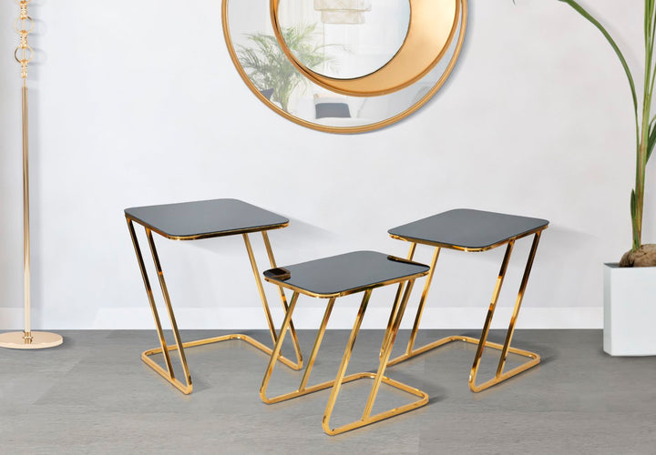 Rechteckiger kleiner Tisch aus Metall und Glas in Gold, 3 Stück