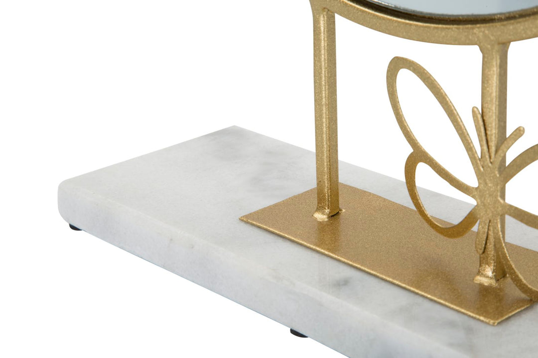 Runder Tischspiegel aus Metall mit kleiner schmetterlingsförmiger Ornamentik