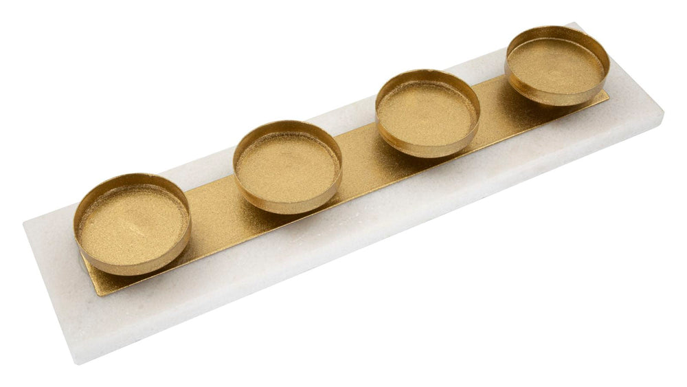 Quadratischer Kerzenständer aus Goldmetall und Marmor mit 4 Kerzen