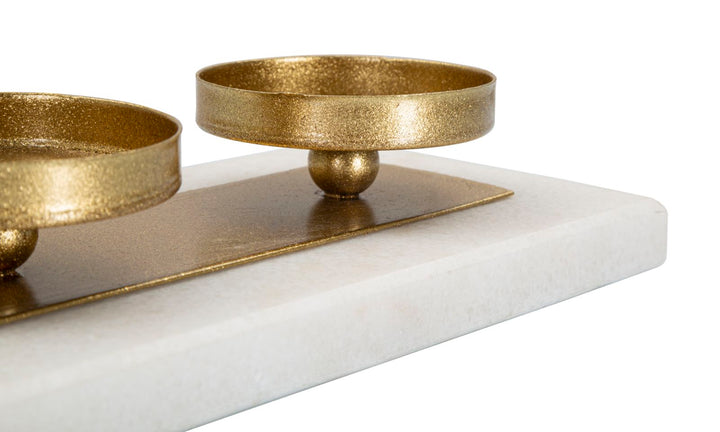 Quadratischer Kerzenständer aus Goldmetall und Marmor mit 4 Kerzen