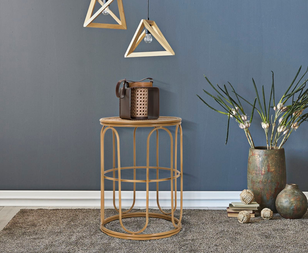 Runder Beistelltisch Holzplatte Rattanrahmen Samui Stil