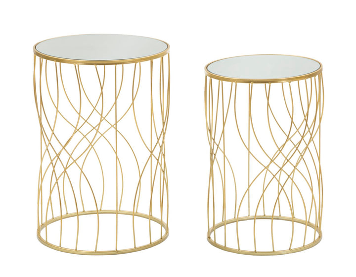 Paar runde Beistelltische aus Goldmetall und Glas mit geometrischen Linien
