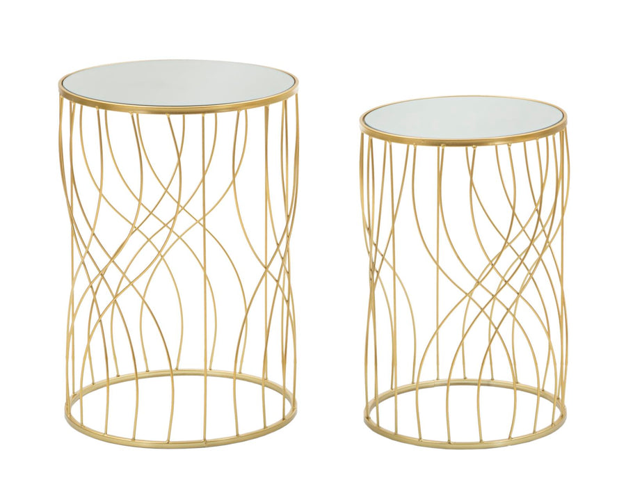 Paar runde Beistelltische aus Goldmetall und Glas mit geometrischen Linien