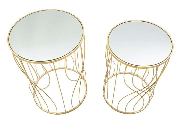 Paar runde Beistelltische aus Goldmetall und Glas mit geometrischen Linien