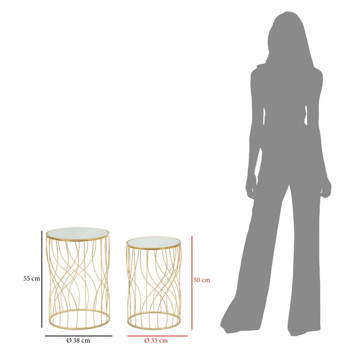 Paar runde Beistelltische aus Goldmetall und Glas mit geometrischen Linien