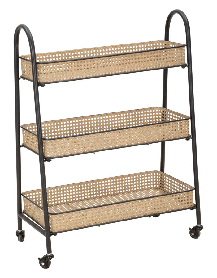 3 Stufiger Rattan Servierwagen Gold Metallrahmen Fuji