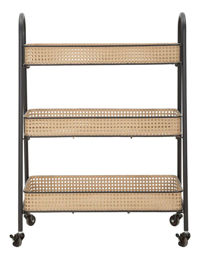 3 Stufiger Rattan Servierwagen Gold Metallrahmen Fuji