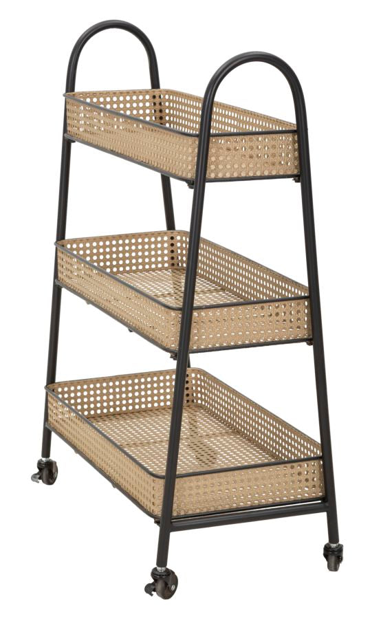 3 Stufiger Rattan Servierwagen Gold Metallrahmen Fuji