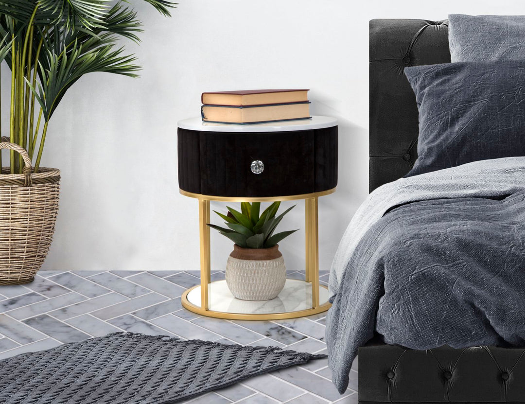 Nachttisch in Gold und Schwarz mit Marmorplatte