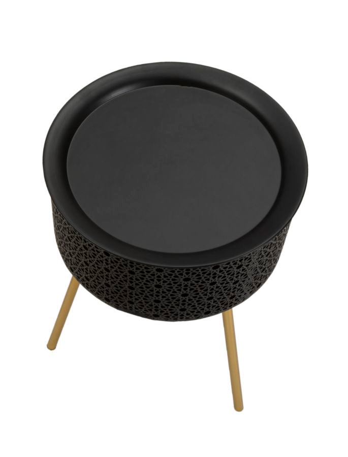 Runder schwarzer kleiner Tisch mit goldenen Metallbeinen
