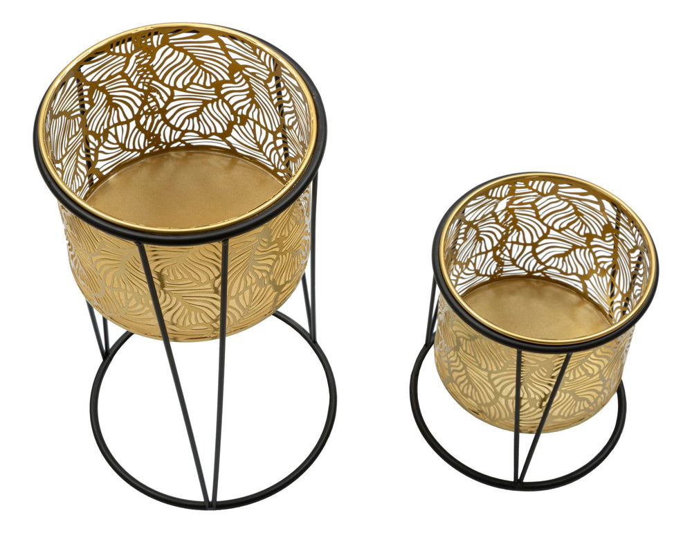 Runder Blumentopf aus goldenem Metall mit Blättermuster