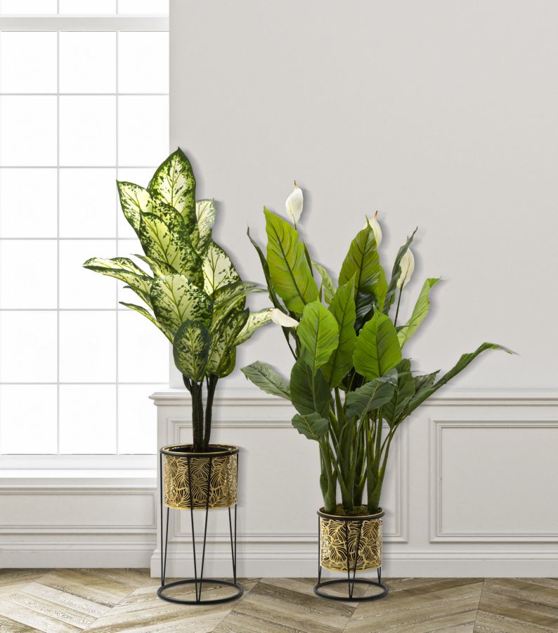Runder Blumentopf aus goldenem Metall mit Blättermuster