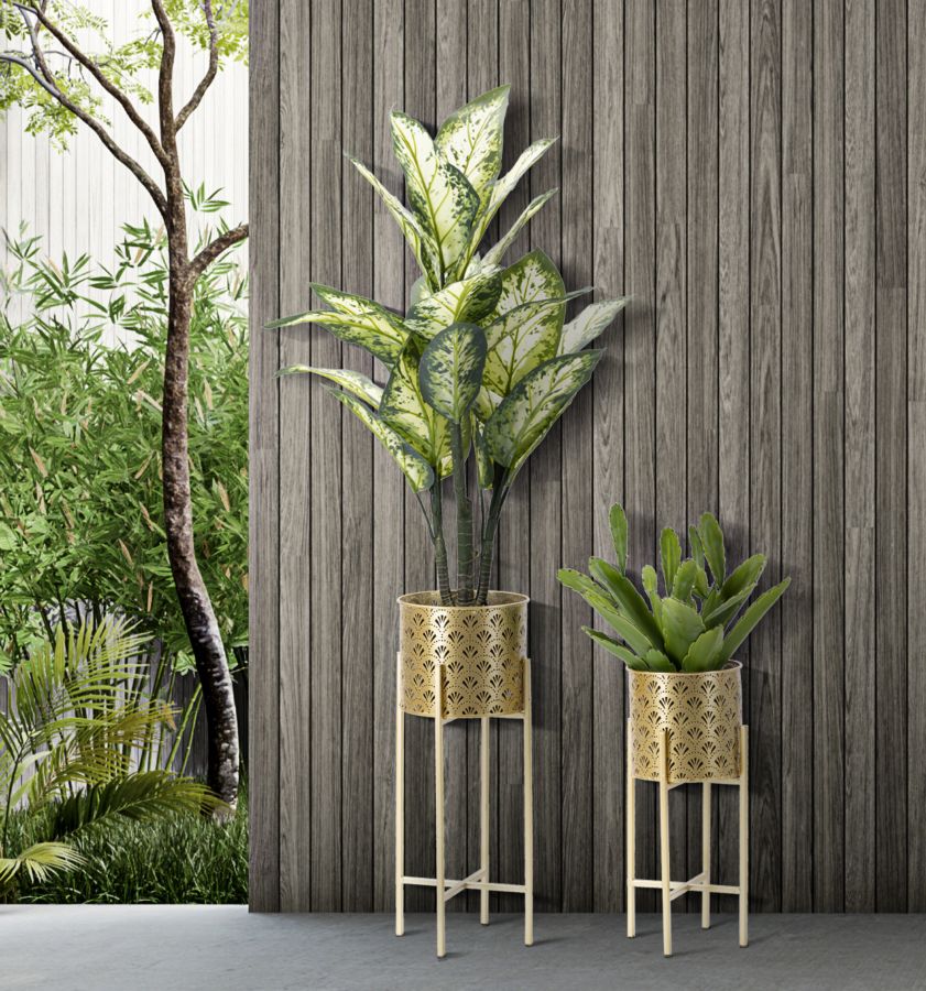 Runder Blumentopf aus goldenem Metall