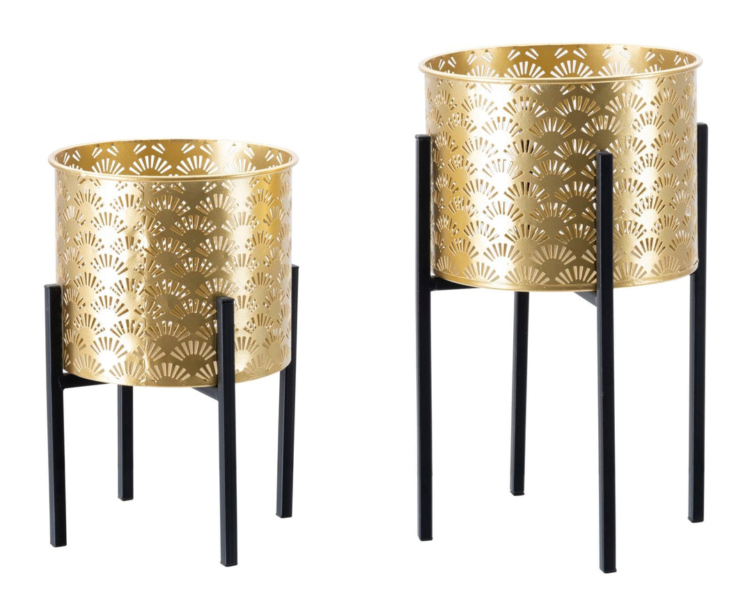 Runder Blumentopf aus goldenem Metall mit Blättermuster