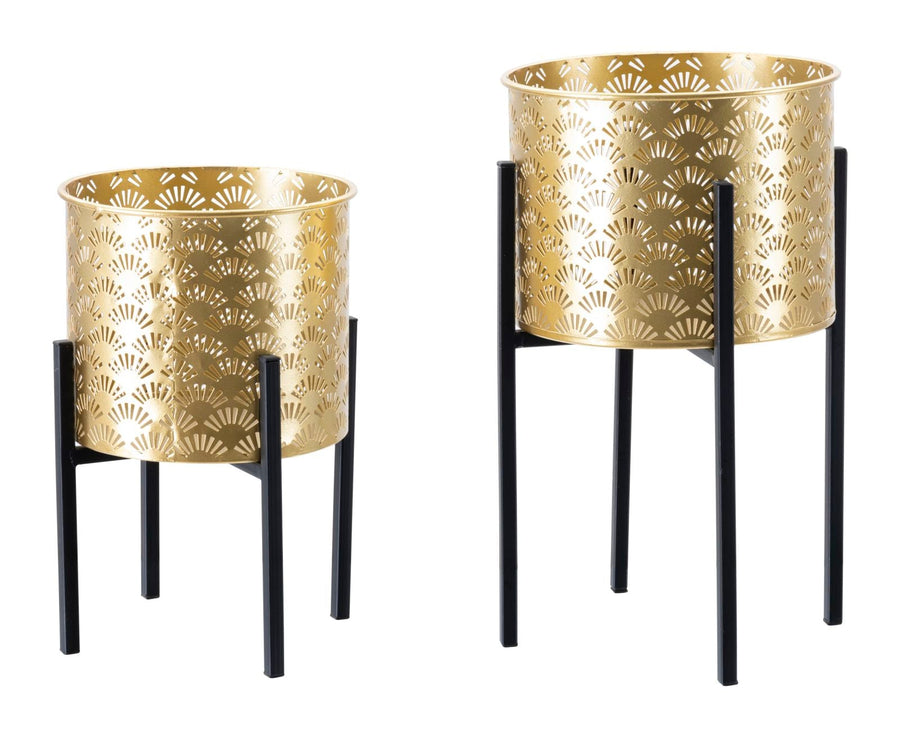 Runder Blumentopf aus goldenem Metall mit Blättermuster
