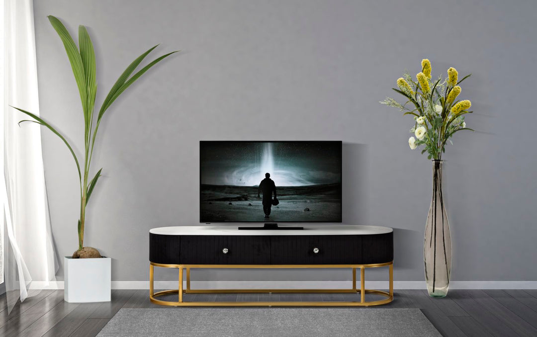 Schwarz Holz TV Board Goldbasis Montpellier Modern (Marmorplatte)