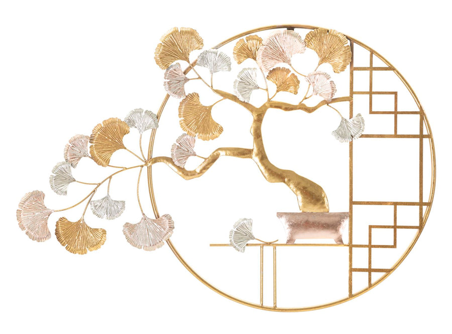 Goldene japanische Kirschblüten Wanddekoration aus Holz in rundem Rahmen