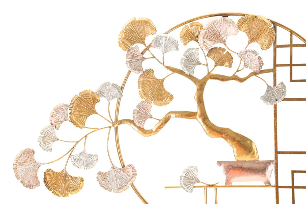 Goldene japanische Kirschblüten Wanddekoration aus Holz in rundem Rahmen