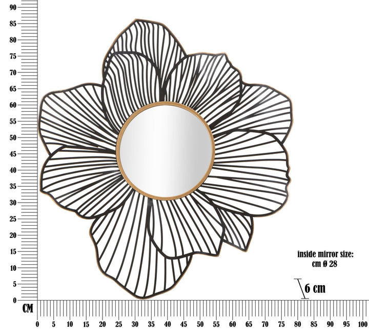 Schwarzer runder Metallspiegel mit Blumenmuster