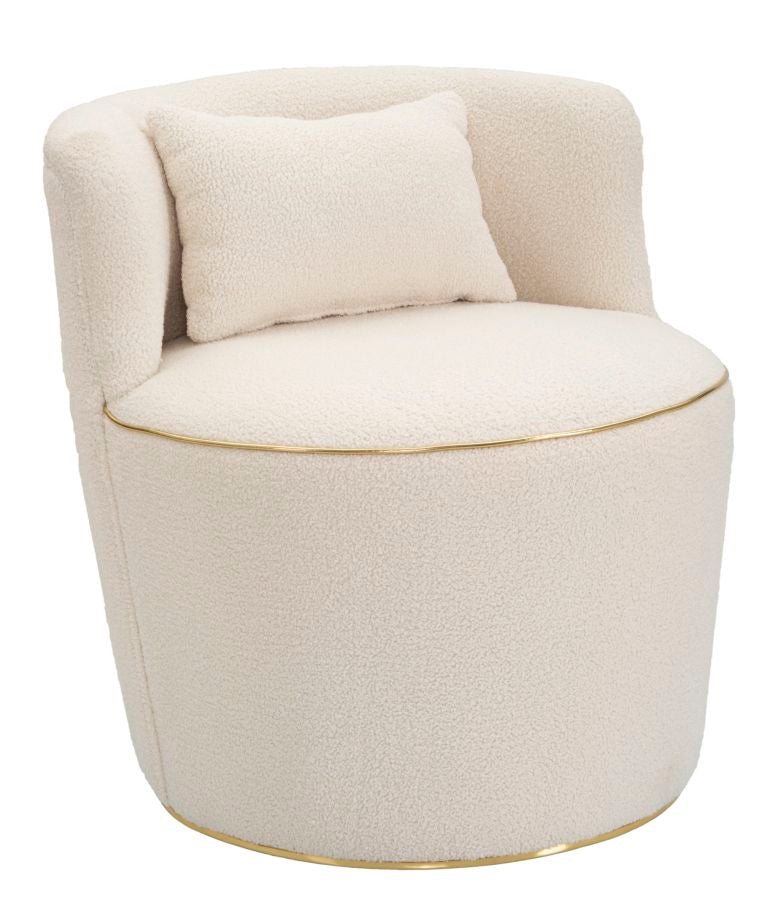 Runder cremefarbener Sessel mit Kissen und goldenen Details