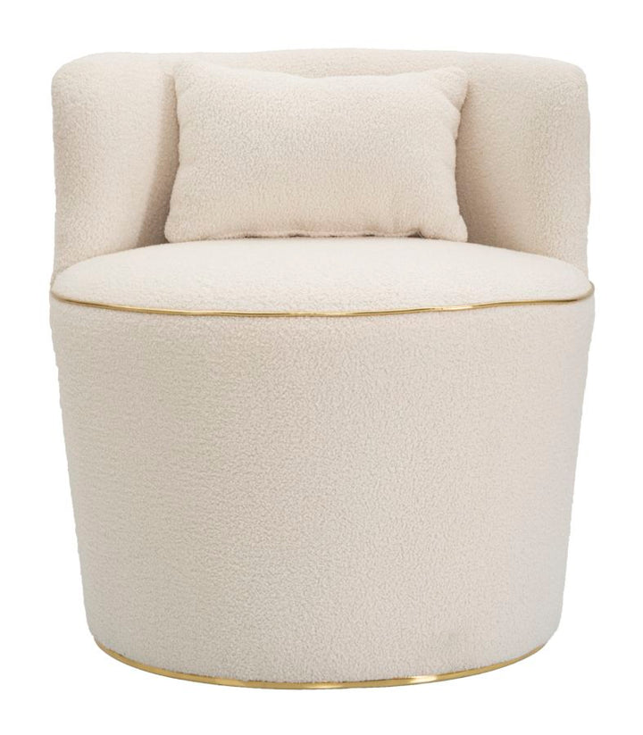 Runder cremefarbener Sessel mit Kissen und goldenen Details