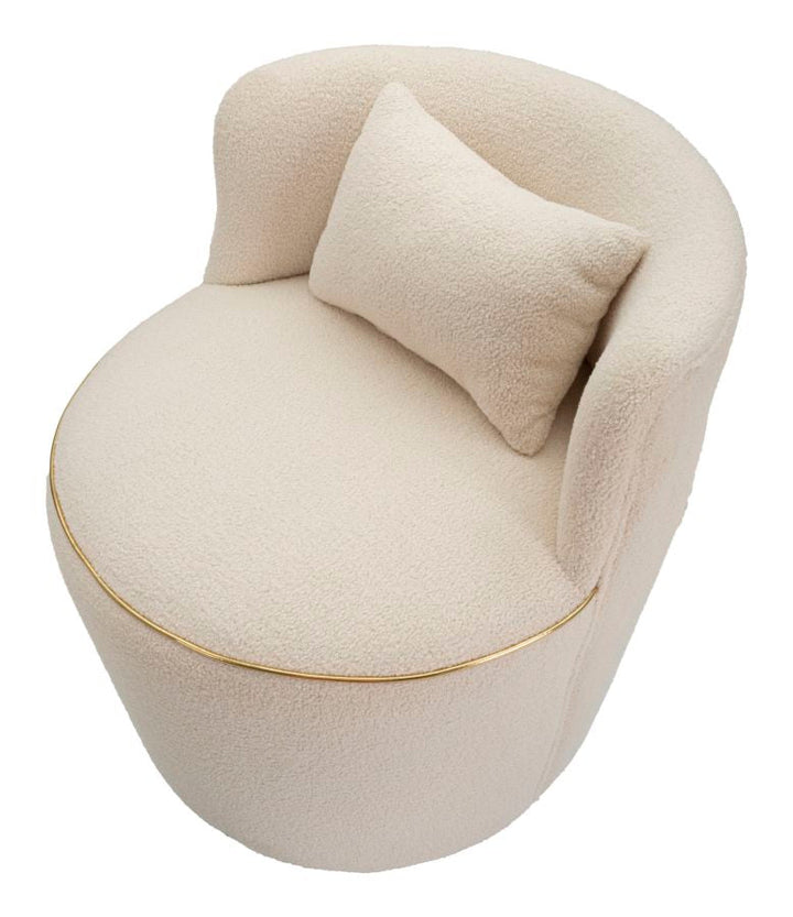 Runder cremefarbener Sessel mit Kissen und goldenen Details