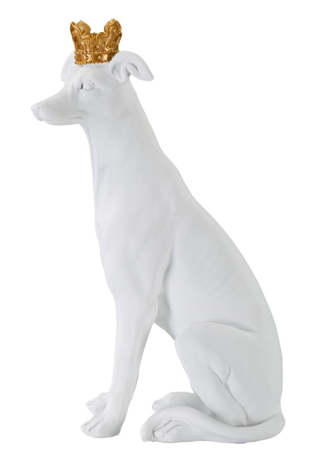 Weiß-goldene Hundestatue mit Krone (Moderne Dekoration)