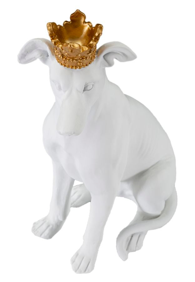 Weiß-goldene Hundestatue mit Krone (Moderne Dekoration)