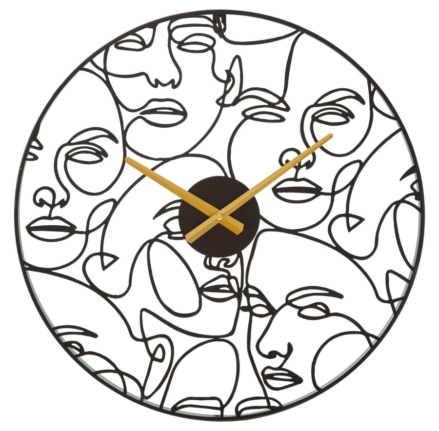 Schwarze Wanduhr mit abstrakten Gesichtern aus Metall