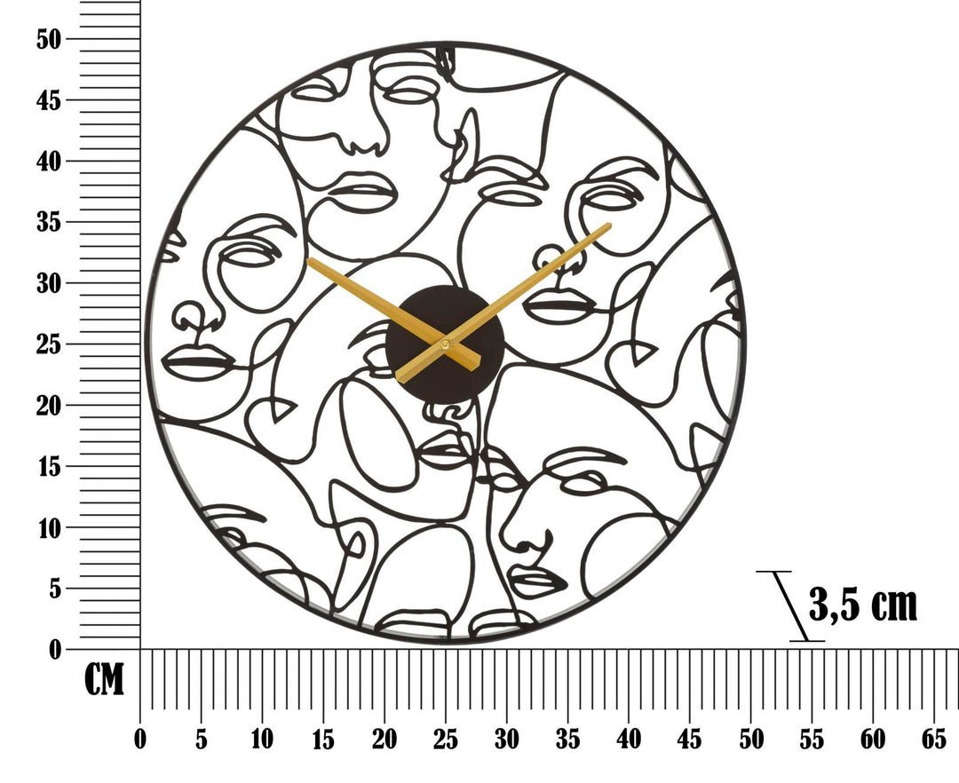 Schwarze Wanduhr mit abstrakten Gesichtern aus Metall