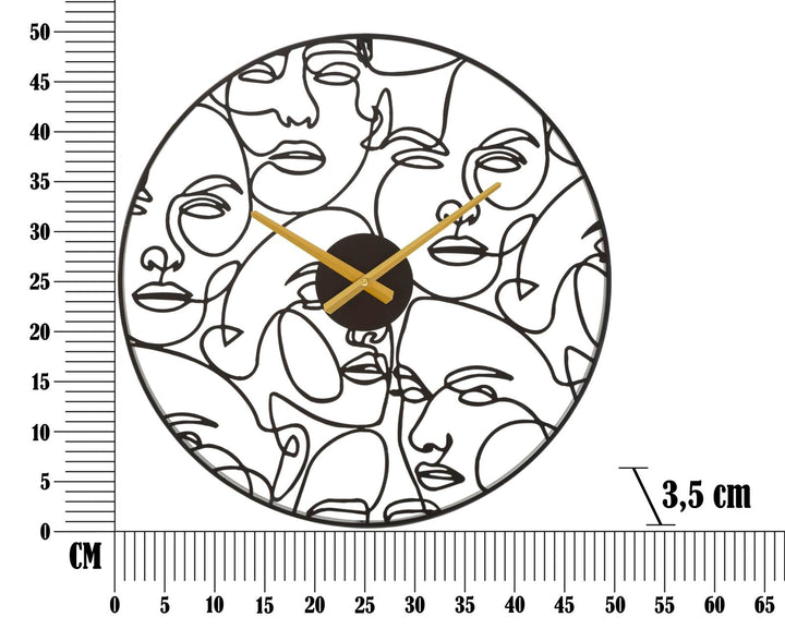 Schwarze Wanduhr mit abstrakten Gesichtern aus Metall