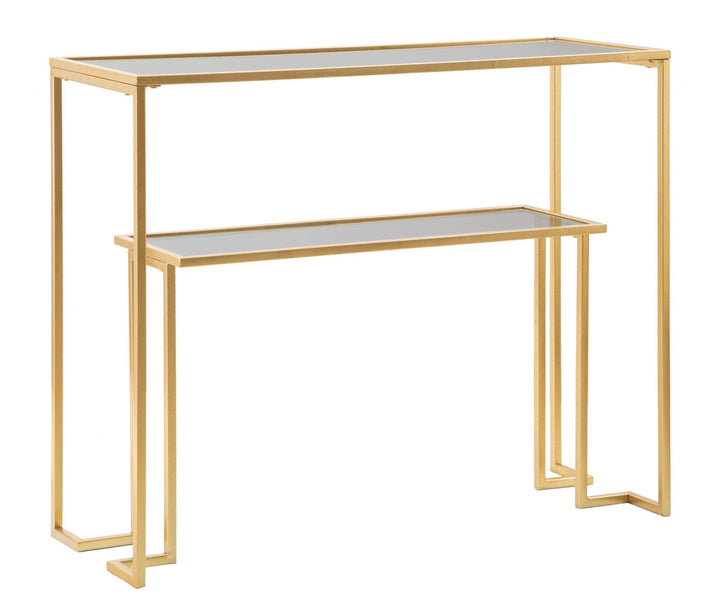 Goldfarbener Konsolentisch aus Metall und Glas mit 2 Ablagen