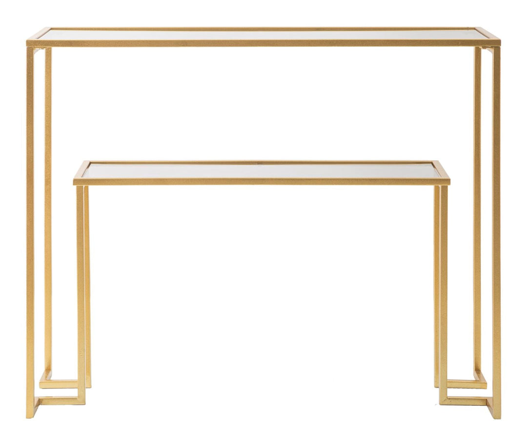 Goldfarbener Konsolentisch aus Metall und Glas mit 2 Ablagen