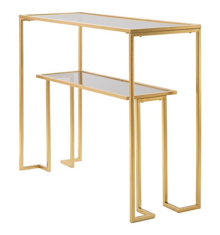 Goldfarbener Konsolentisch aus Metall und Glas mit 2 Ablagen