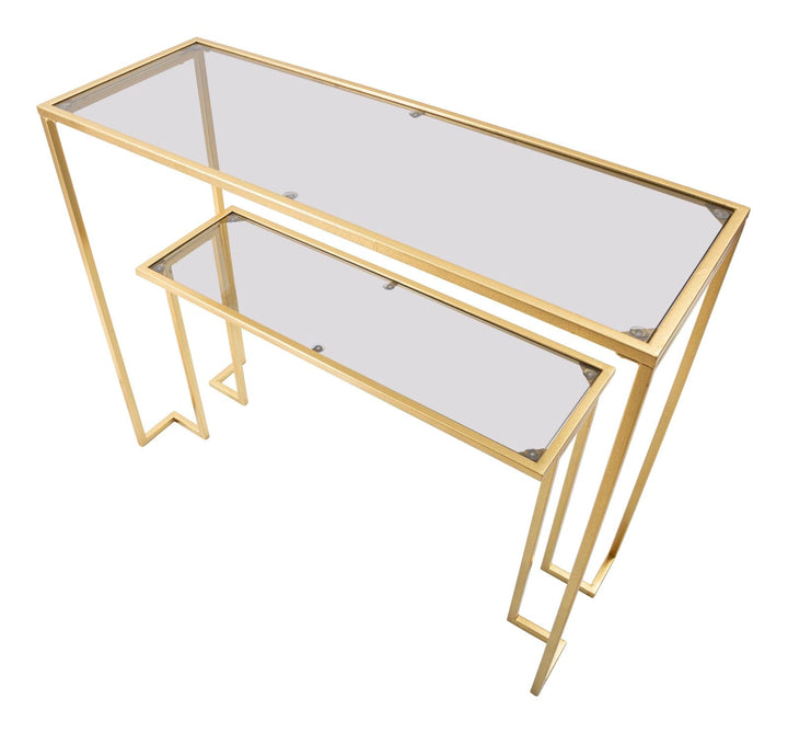 Goldfarbener Konsolentisch aus Metall und Glas mit 2 Ablagen